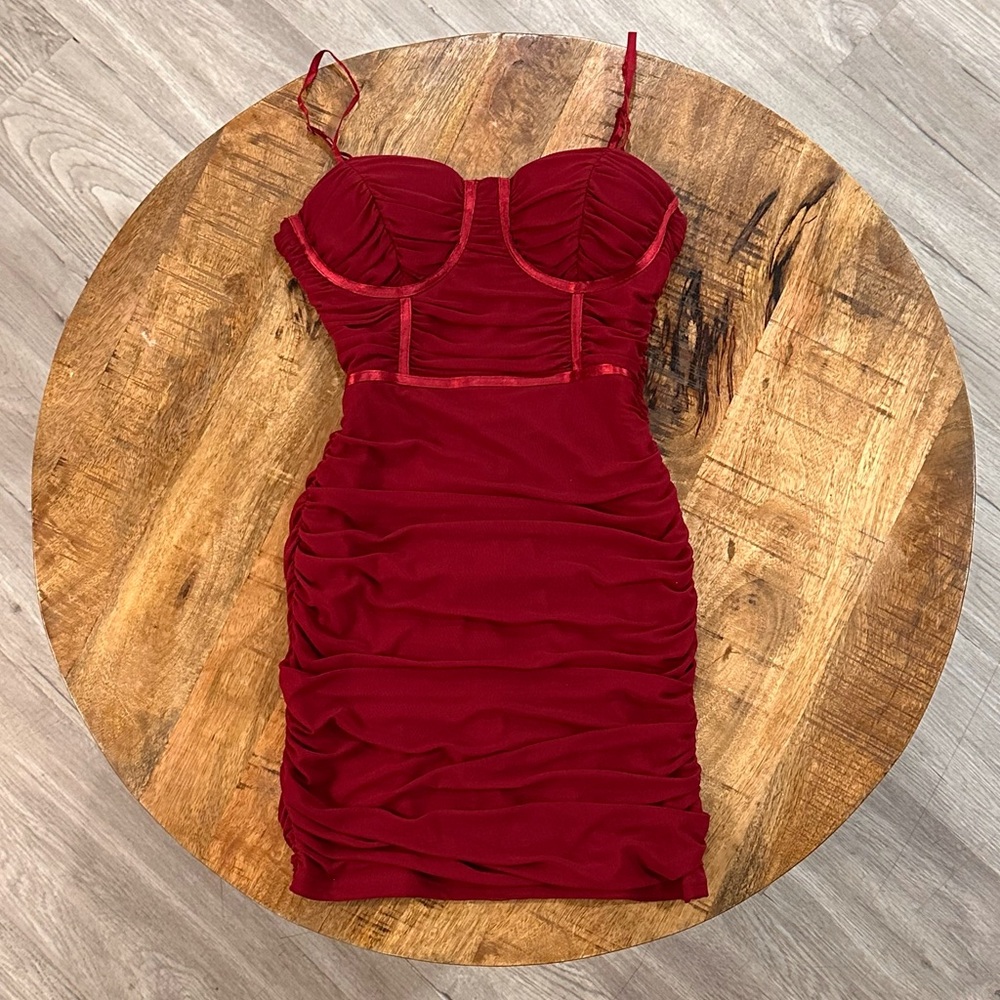 Windsor Red Ruched Mesh Mini Dress